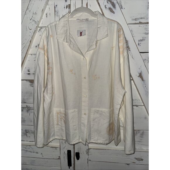 ZARA Home LINEN Cotton SHIRT House Coat ZW COLLECTION Embroidered Floral NWT L - Picture 2 of 11